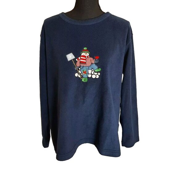 Vintage Fleece Christmas Sweater Women XL Snowman Jenny Buchanan Blue Festive - Picture 1 of 11